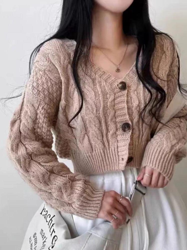 V-Neck Plain Cable Knit Cropped Cardigan Product Image