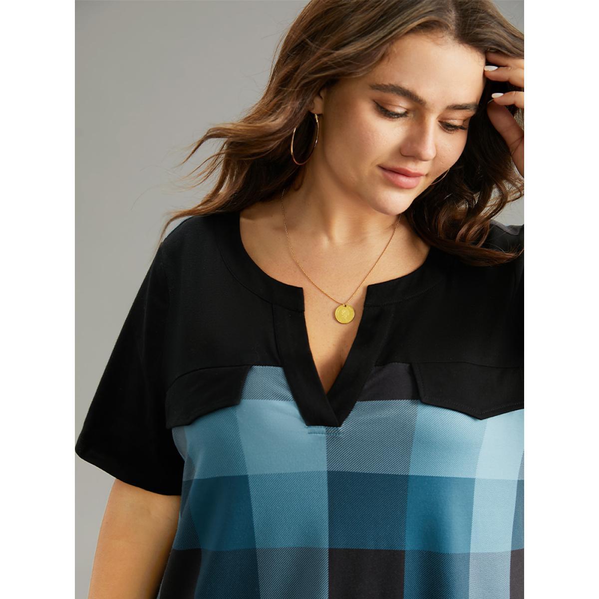 Plus Size Plaid Patchwork Contrast Notched Arc Hem T-shirt Multicolor Women Casual Contrast Plaid Notched collar Everyday T-shirts BloomChic 18-20/2X Product Image