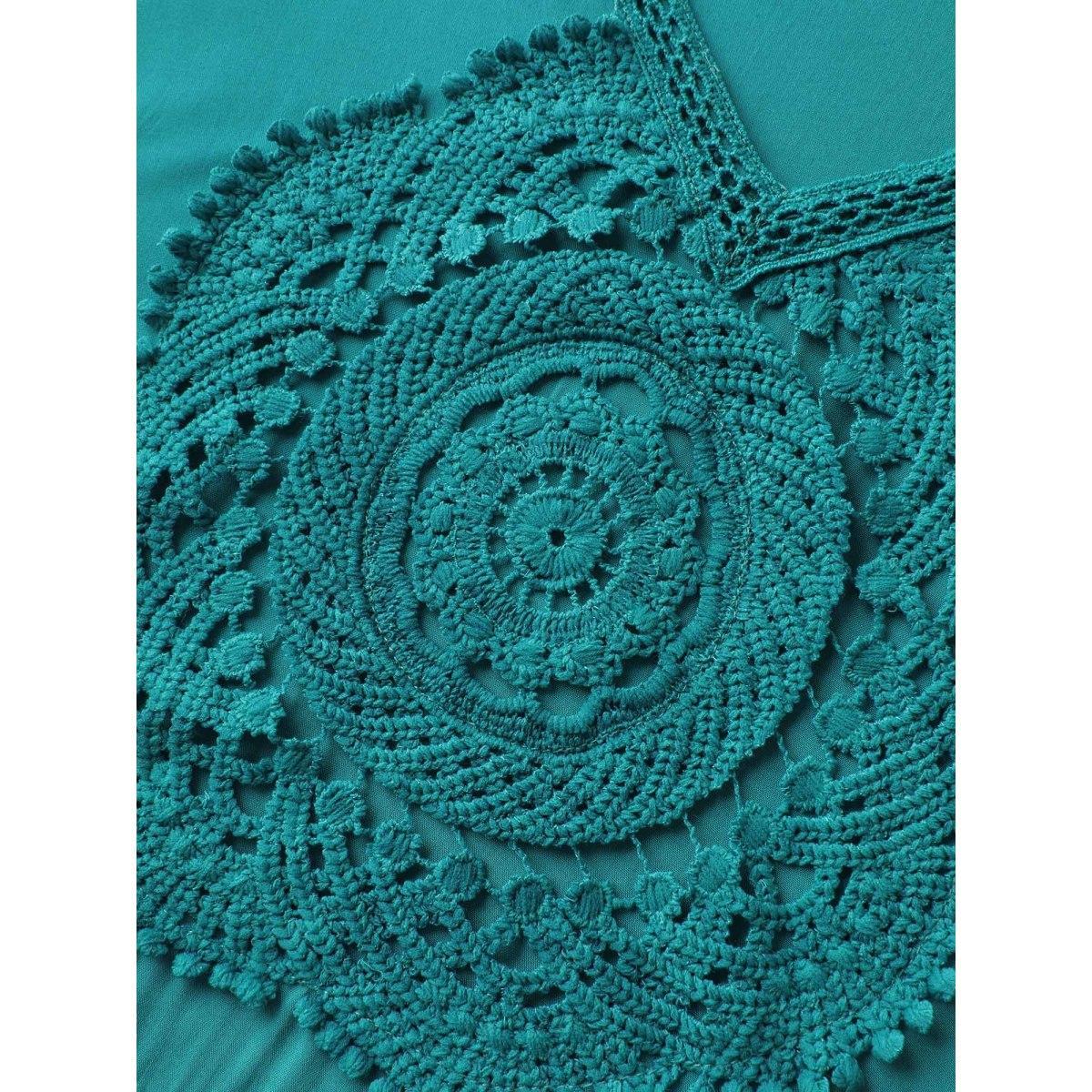 Plus Size Rayon Lace Trim Waist Tie Midi Dress Emerald Women V-neck Short sleeve Curvy BloomChic 18-20/2X Product Image