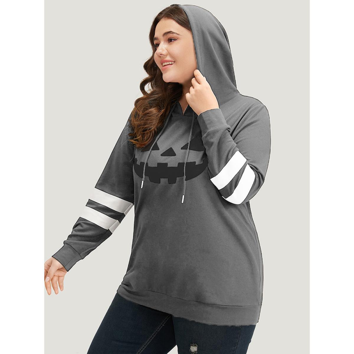 Plus Size Halloween Print Striped Patchwork Hooded Drawstring Sweatshirt Women Gray Casual Elastic cuffs Festival-Halloween Sweatshirts BloomChic 30/6X Product Image