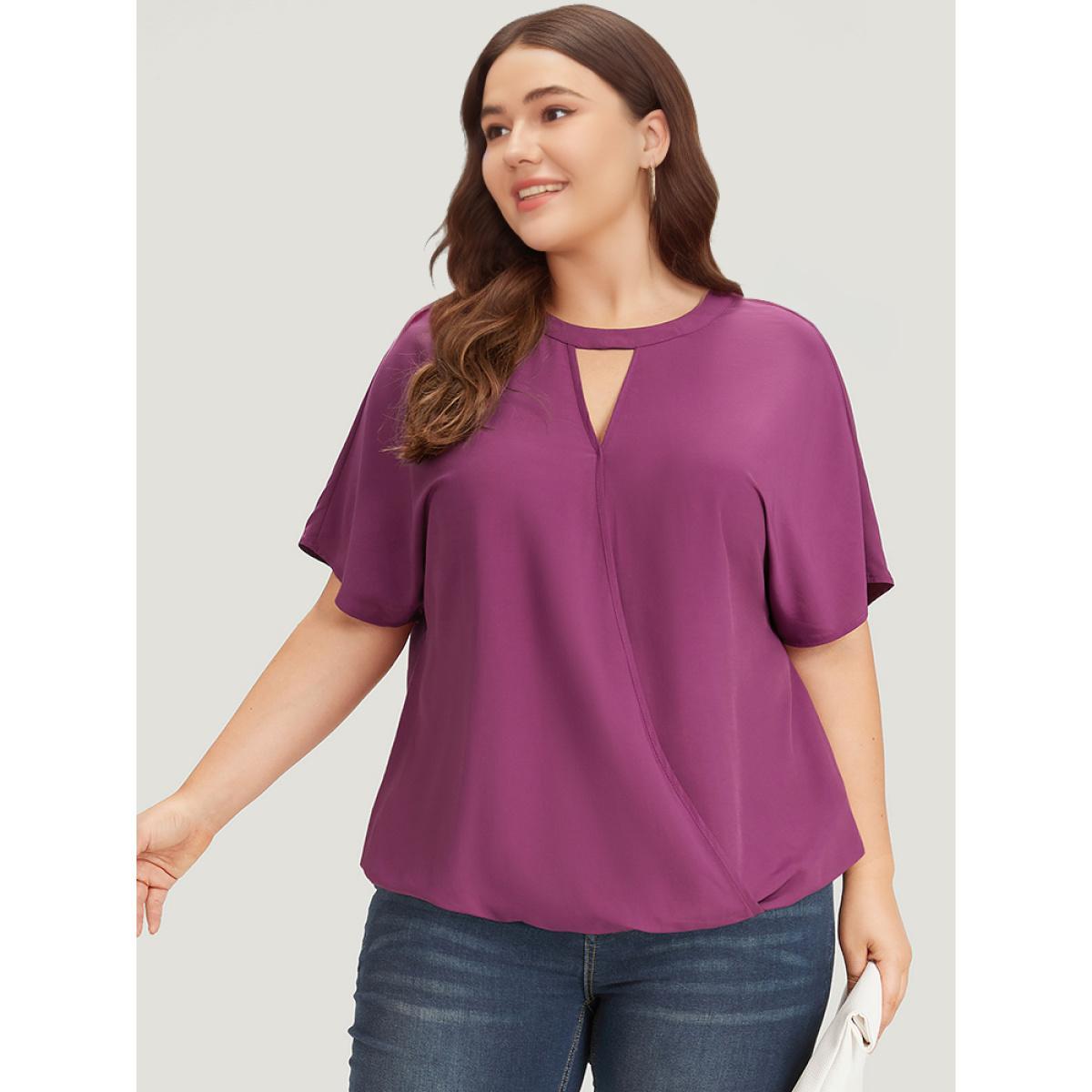 Plus Size Purple Solid Keyhole Gathered Dolman Sleeve Blouse Women Office Short sleeve V-neck Work Blouses BloomChic 14-16/1X Product Image