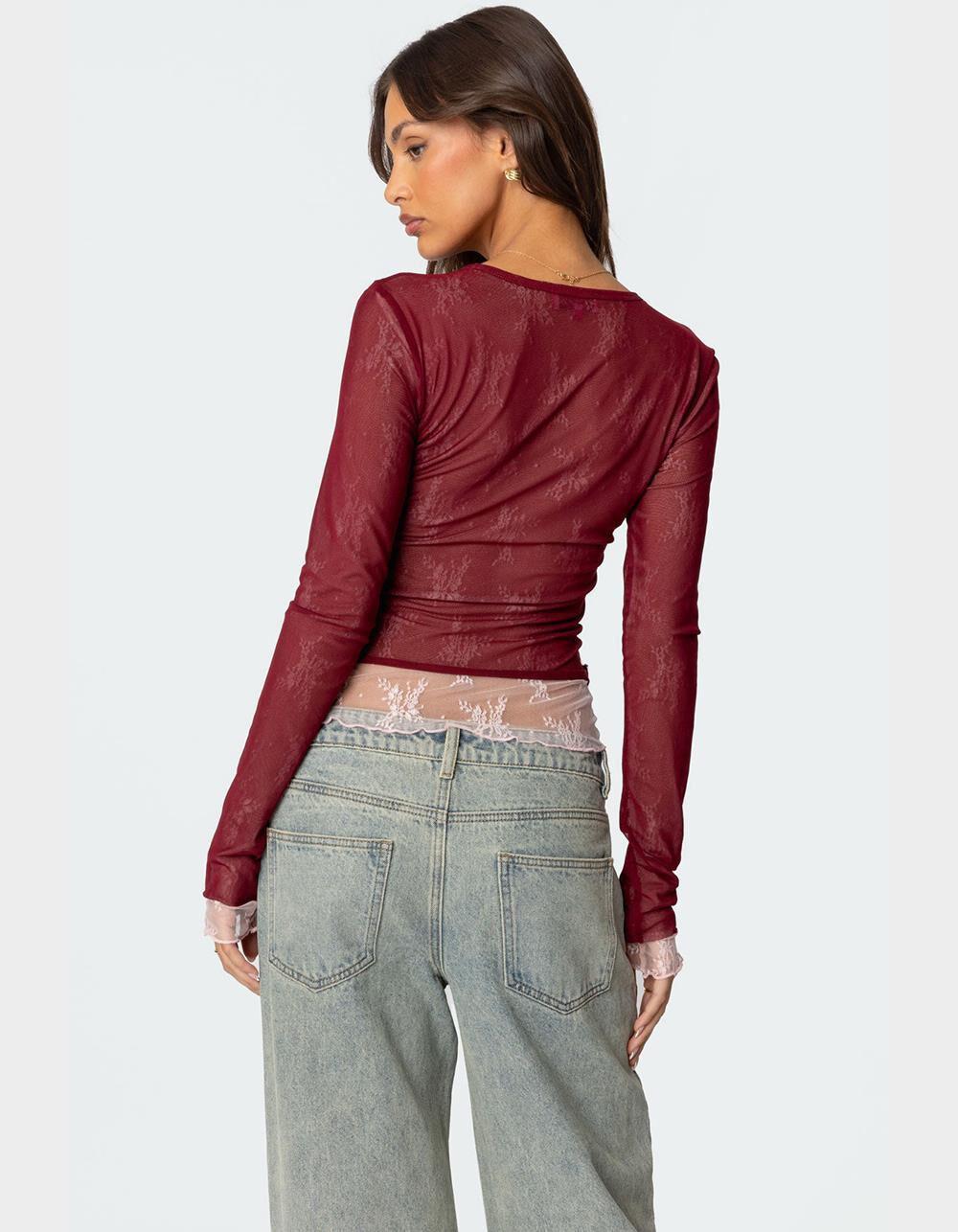EDIKTED Lacey Sheer Mesh Crew Neck Top Product Image