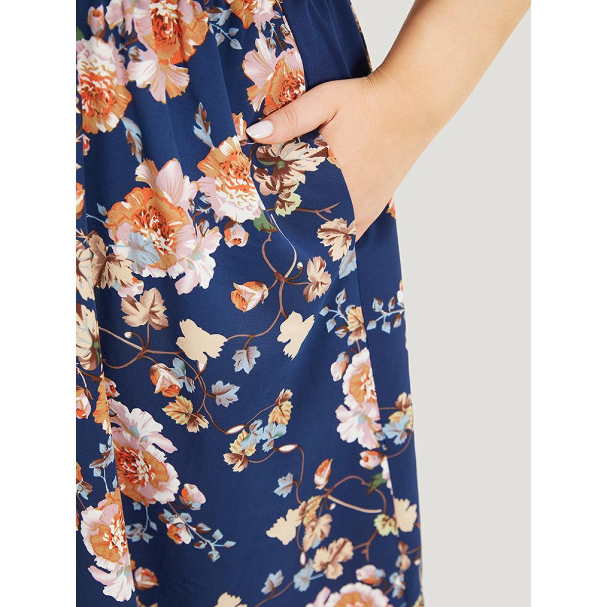 Plus Size Floral Print Ruffle Trim Elastic Waist Cold Shoulder Dress Indigo Women Elegant Adjustable Straps V-neck Short sleeve Curvy Midi Dress BloomChic 10/M Product Image