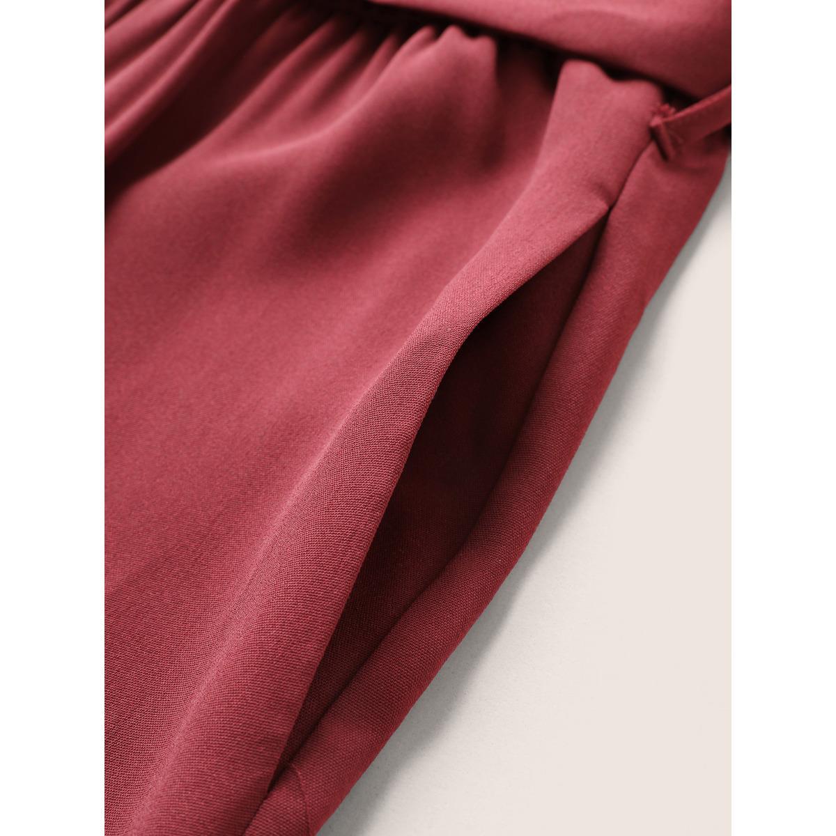 Plus Size Burgundy Bandana Print Gathered Belted Square Neck Jumpsuit Women Resort Short sleeve Square Neck Vacation Loose Jumpsuits BloomChic 22-24/3X Product Image