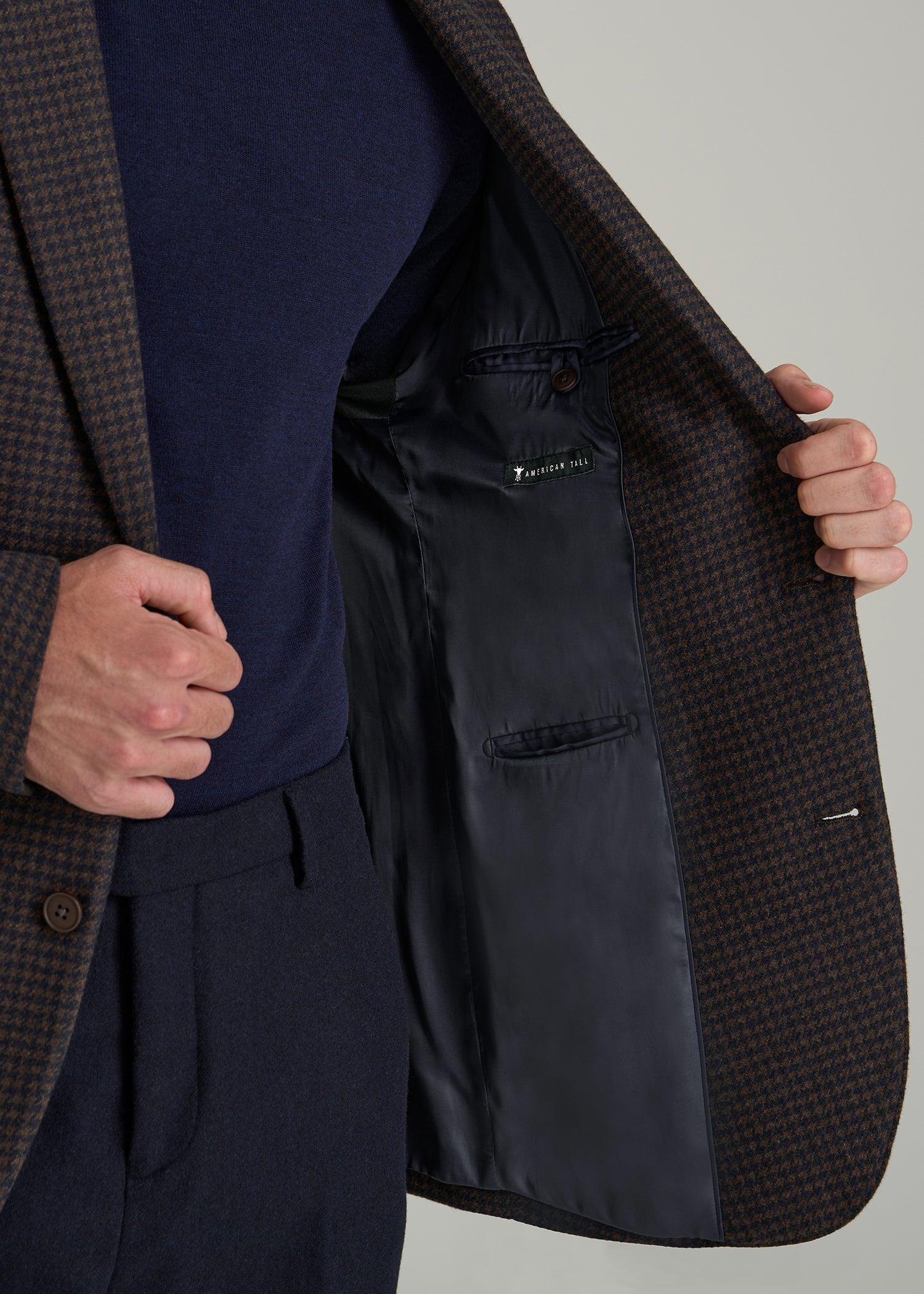 Wool Blend Blazer for Tall Men in Indigo and Brown Houndstooth Product Image