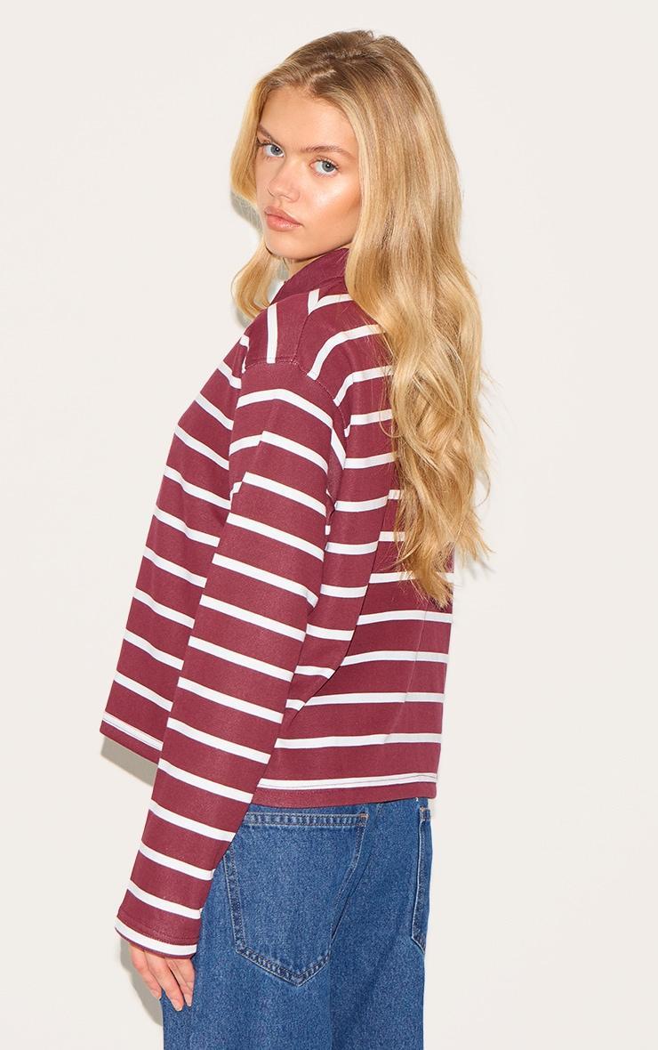 Burgundy Striped Cotton Long Sleeve Collared T Shirt Product Image
