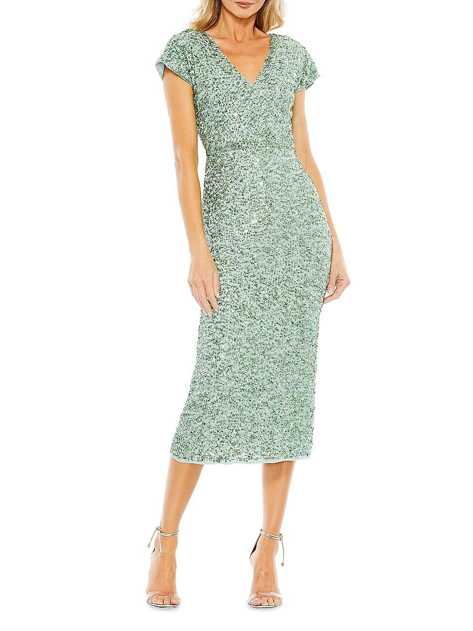 Mac Duggal Sequin Beaded Bodice V-Neck Short Sleeve Midi Dress Product Image