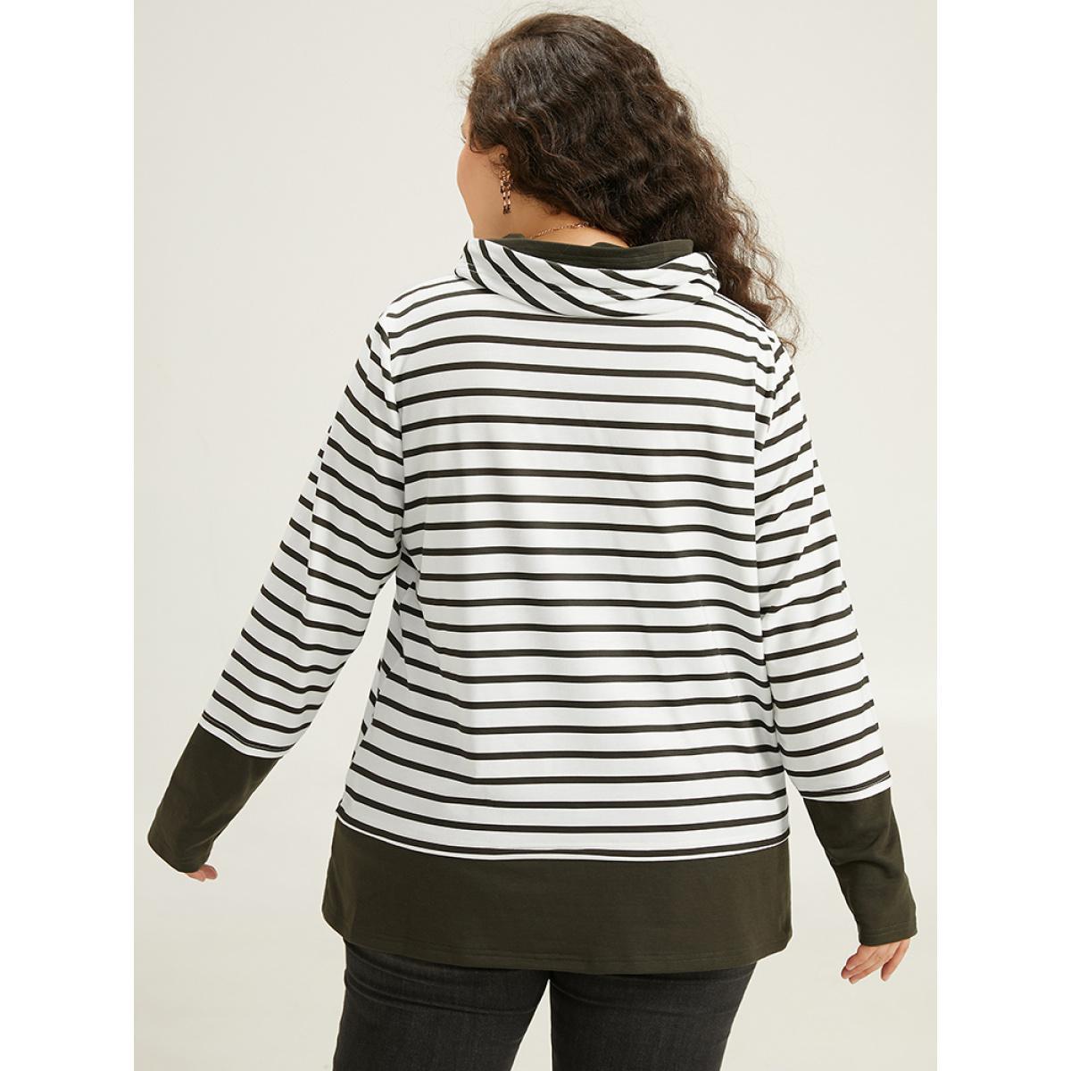 Plus Size Halloween Striped Patchwork Contrast Drawstring Sweatshirt Women Green Casual Contrast Turtleneck Festival-Halloween Sweatshirts BloomChic 28/5X Product Image