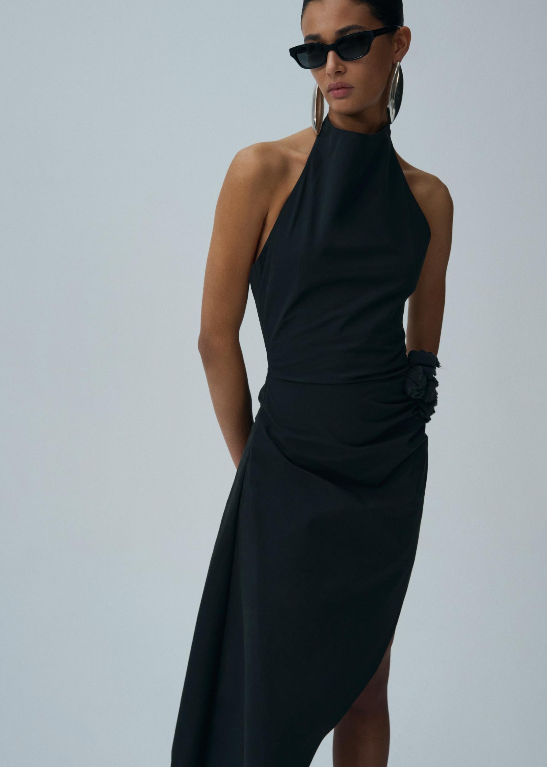 High neck asymmetrical midi dress in black Product Image