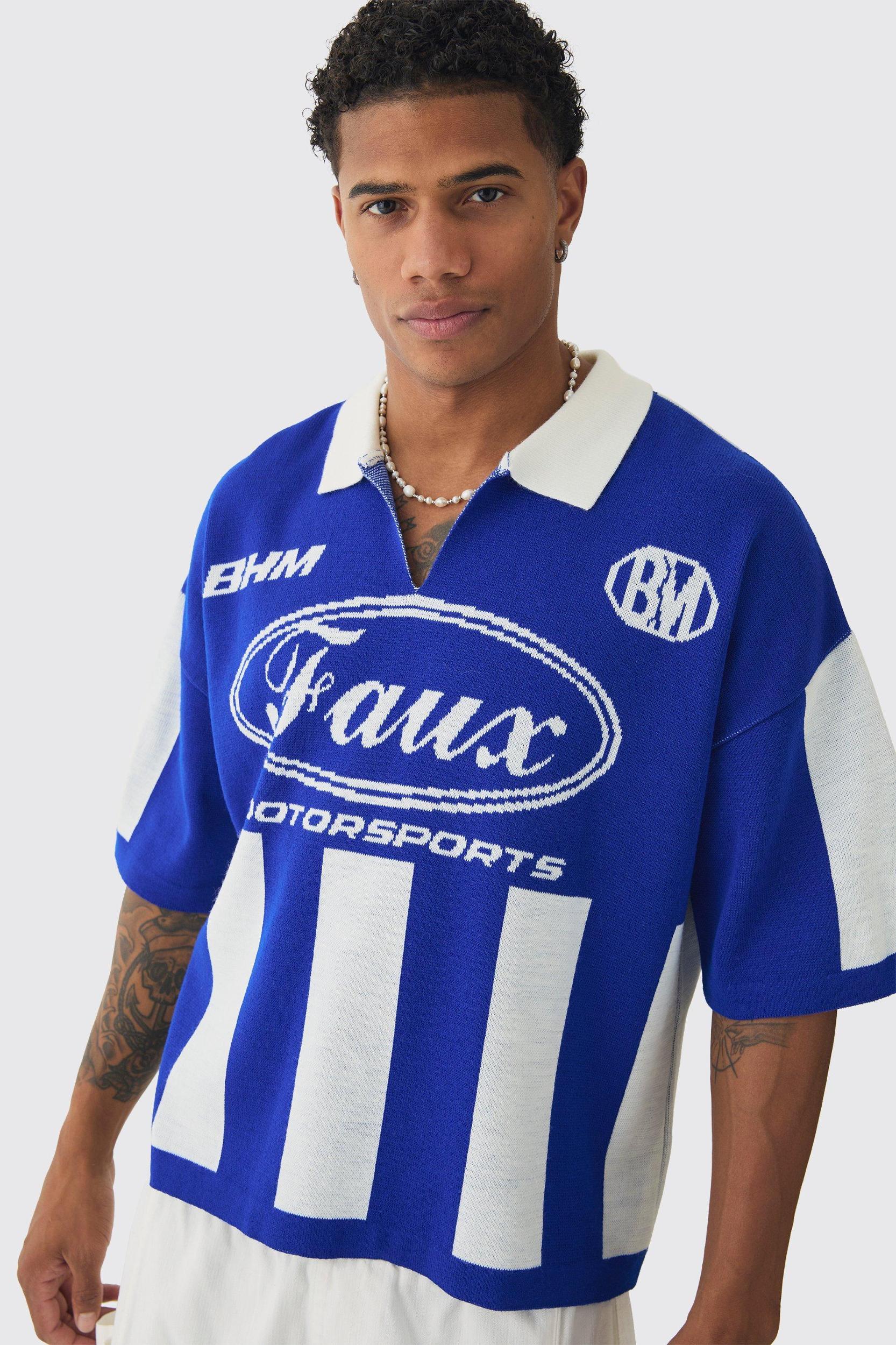 Oversized Boxy Football Knitted Polo | boohooMAN USA Product Image