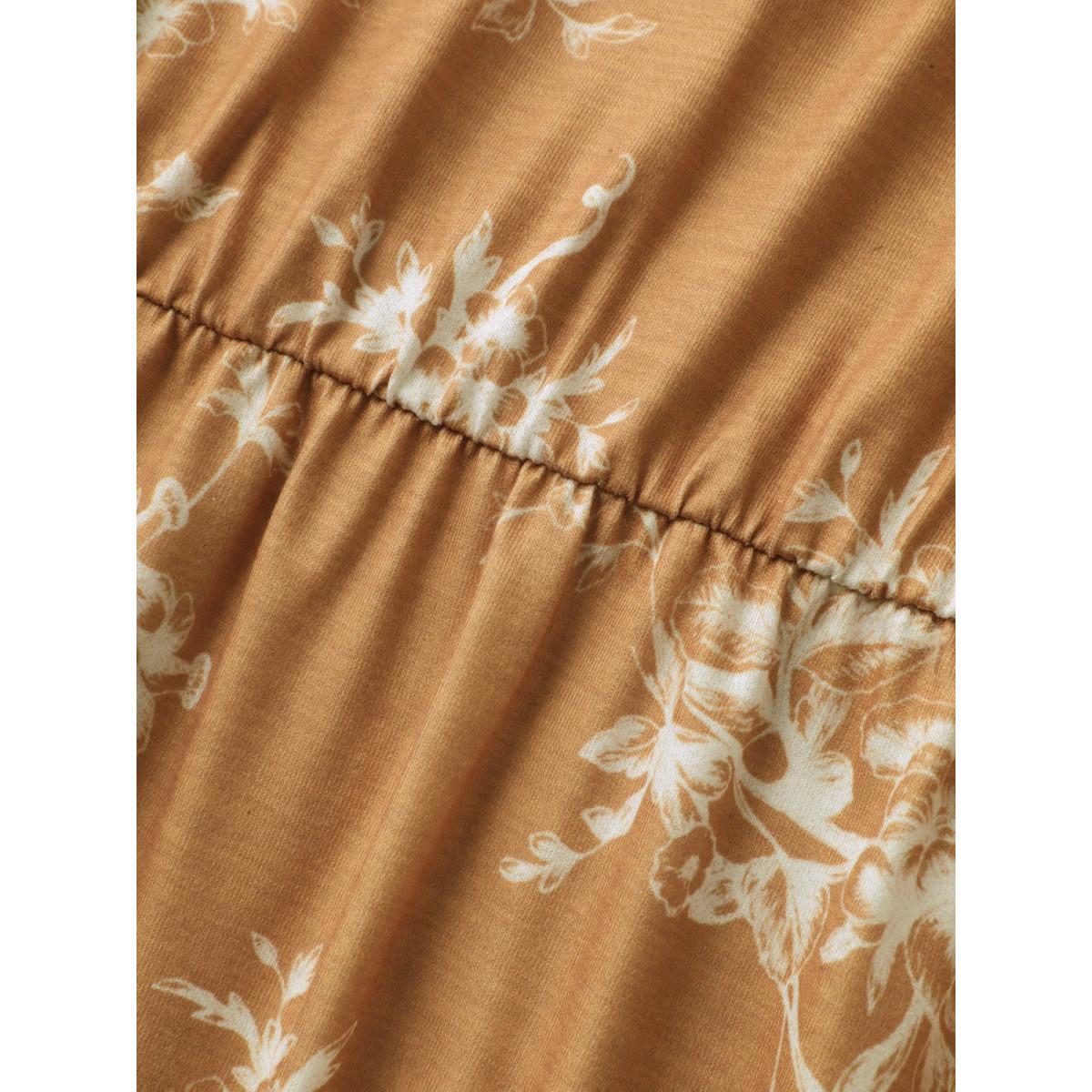Plus Size Silhouette Floral Flutter Tank Top Women Tan Gathered Heart neckline Everyday-Elegant Tank Tops Camis BloomChic 10/M Product Image