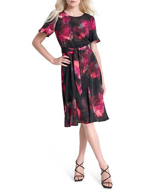 DKNY by Donna Karan Printed Woven Crew Neck Short Godet Sleeve Belted A-Line Dress Product Image