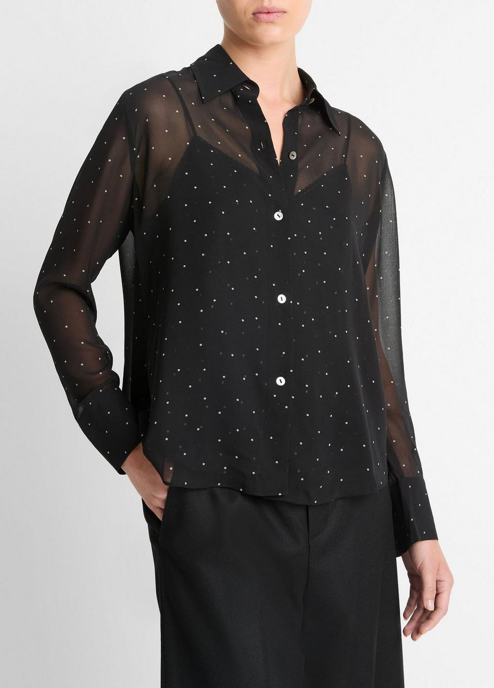Womens Sheer Dot-Print Silk Lined Blouse, Off White/grey, Size S Vince Product Image