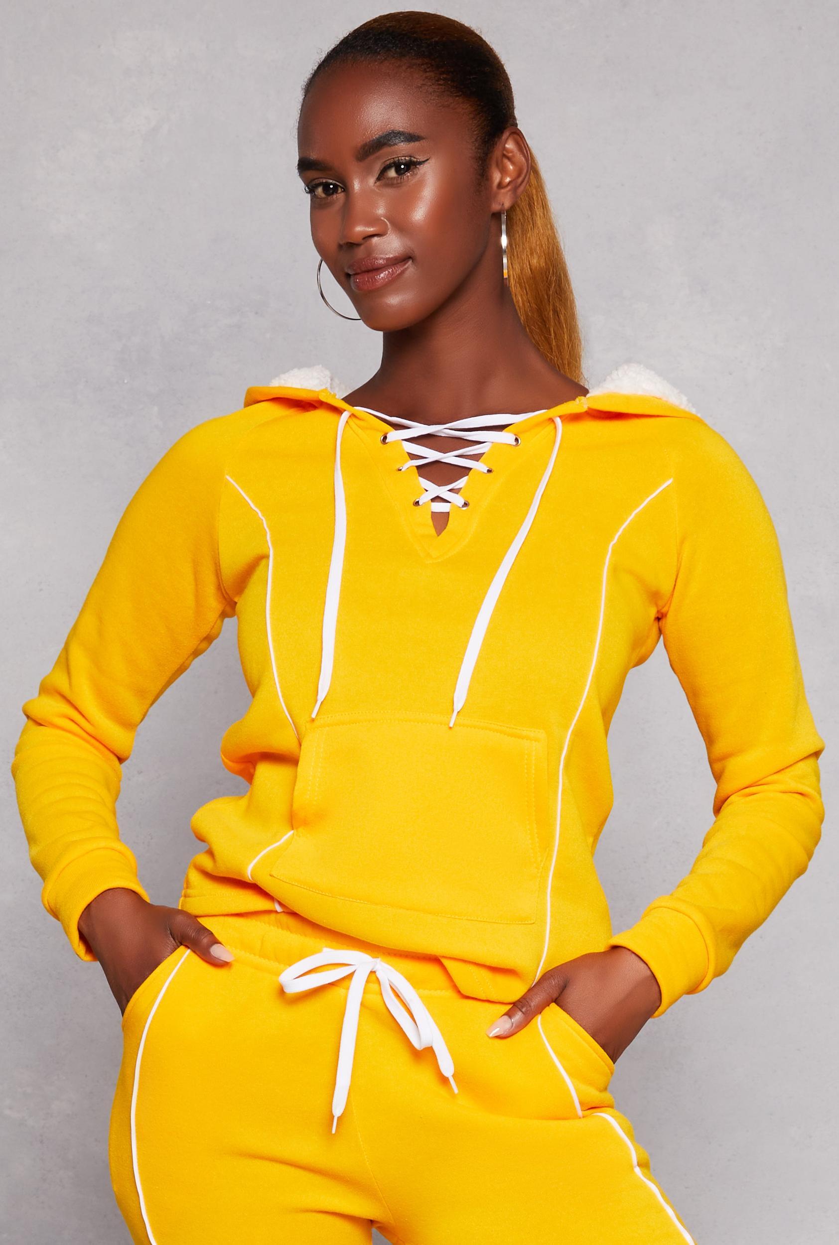 Womens Fleece Contrast Piping Lace Up Pullover Hoodie Product Image