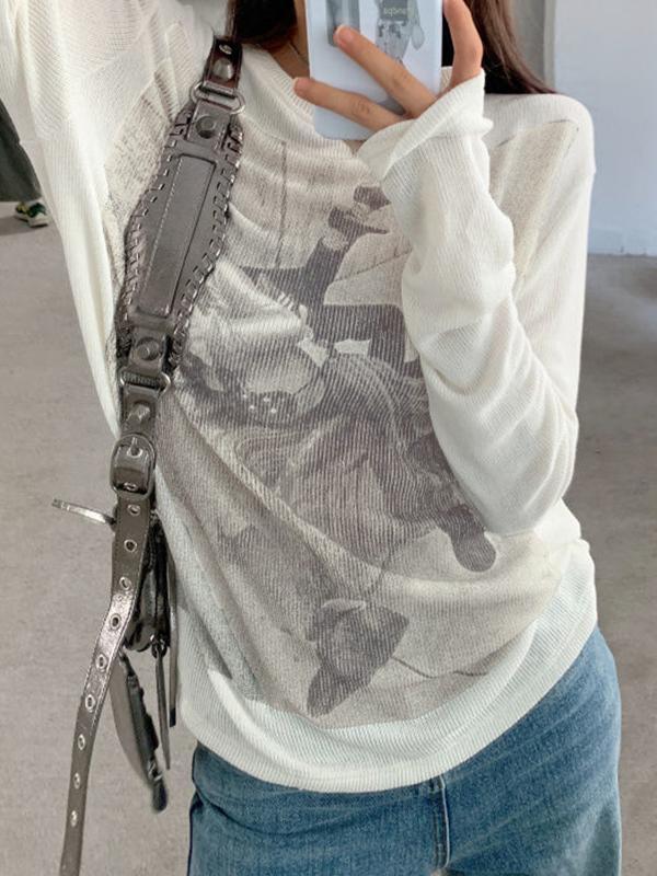 Vintage Print Ribbed Loose Long Sleeve Knit Product Image