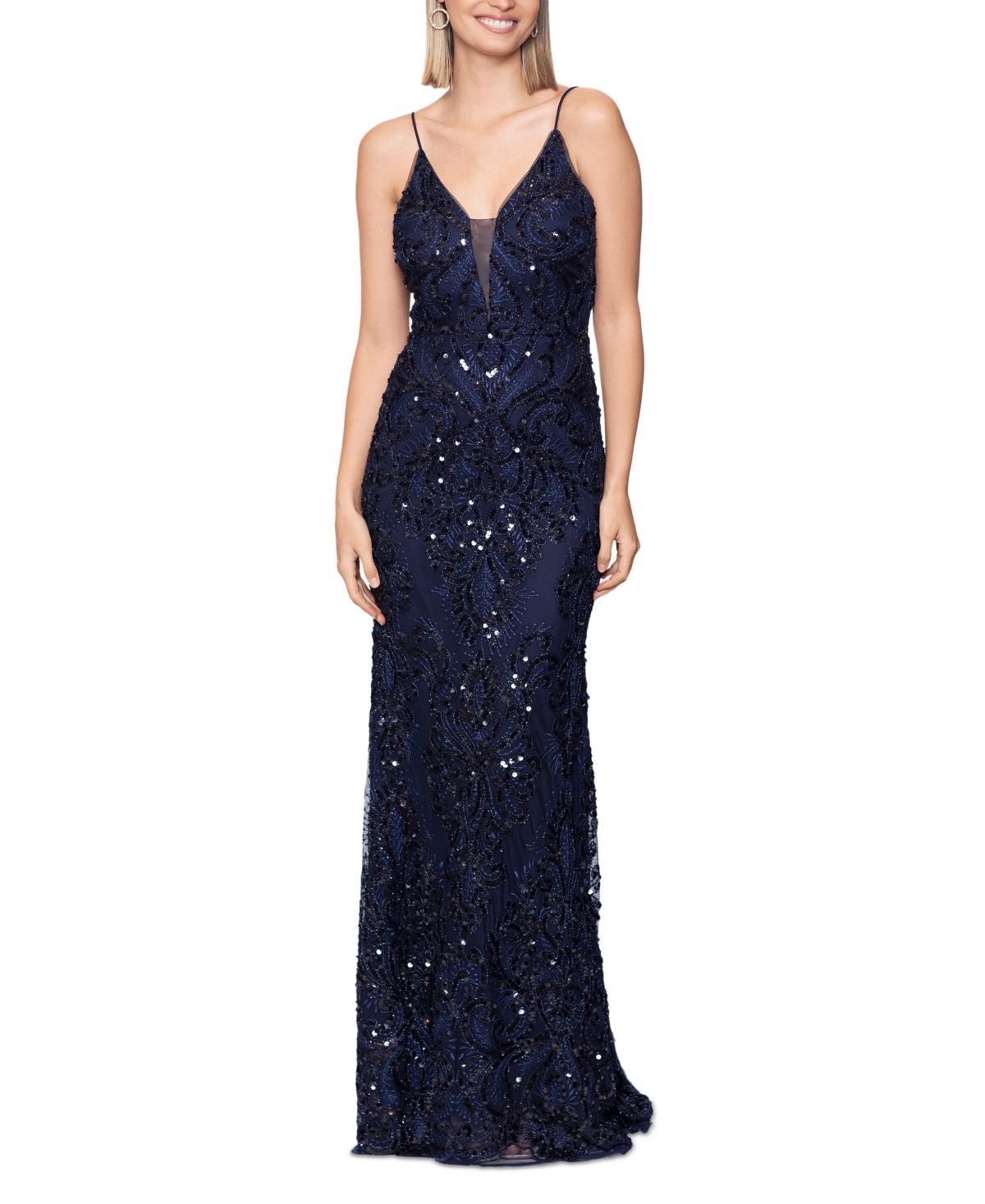 Betsy & Adam Long Sequins Placement Illusion Women's Dress Product Image