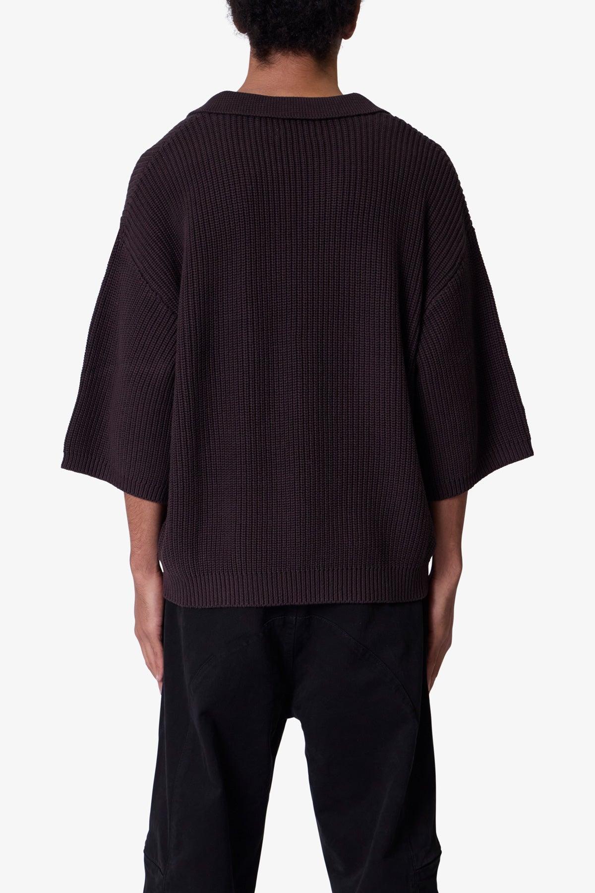 Knitted Ribbed Polo Shirt - Brown Product Image