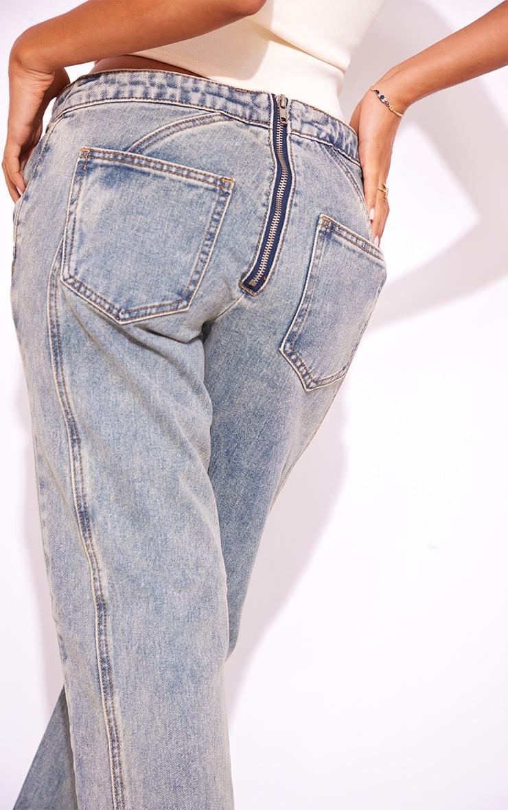 Petite Vintage Wash Seam Back Foldover Waistband Straight Leg Jeans Product Image