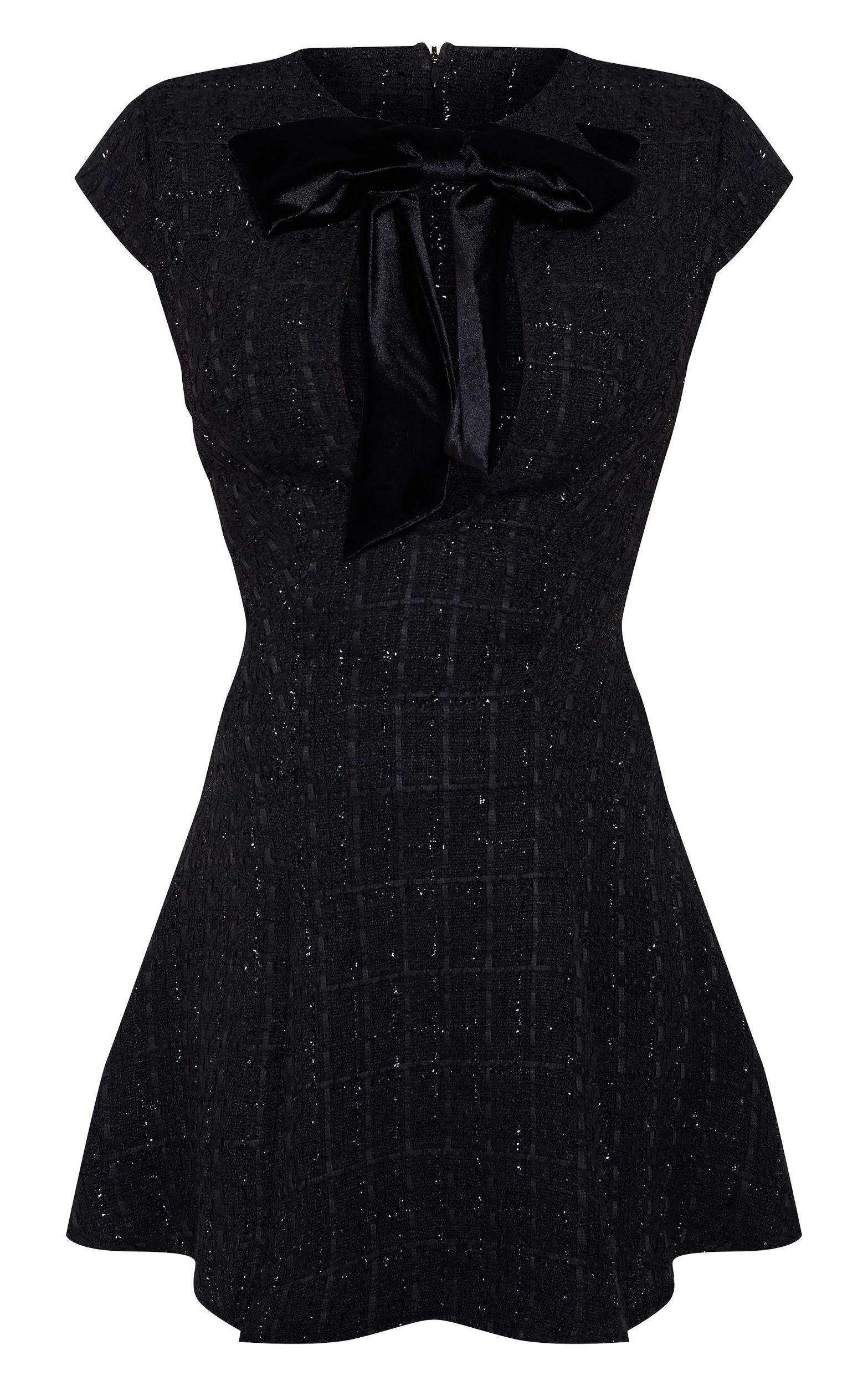 Black Tinsel Boucle Bow Detail Pleated A-line Dress Product Image