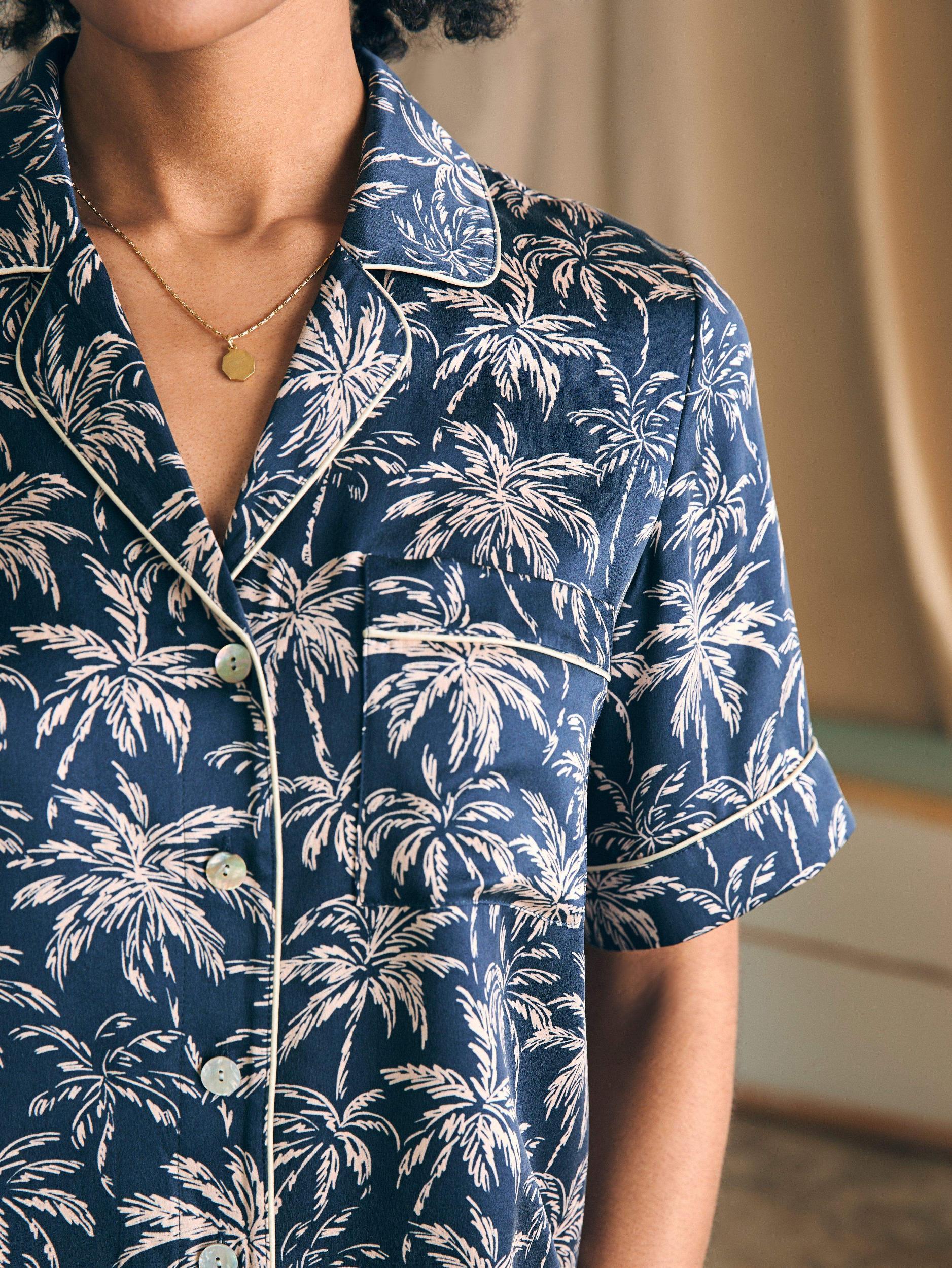 Sandwashed Silk Short Sleeve Pajama Set - Navy Tropic Trees Female Product Image