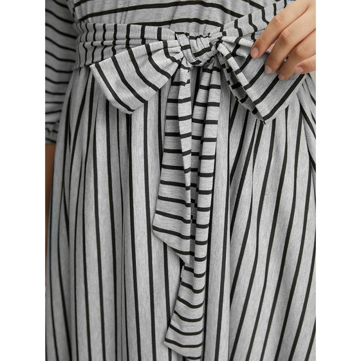Plus Size Striped Ties Lantern Sleeve Curved Hem Dress Gray Women Casual Elastic cuffs Round Neck Elbow-length sleeve Curvy Midi Dress BloomChic 18-20/2X Product Image