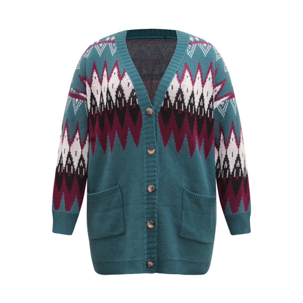 Plus Size Geometric Button Through Pocket Cardigan Aegean Women Casual Loose Long Sleeve Dailywear Cardigans BloomChic 26/4X Product Image