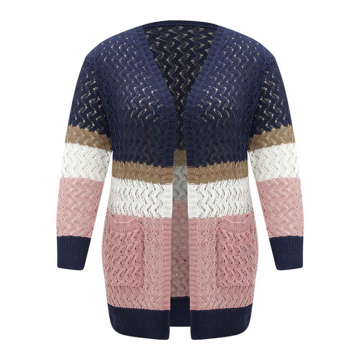 Plus Size Colorblock Eyelet Patched Pocket Cardigan Multicolor Women Casual Loose Long Sleeve Dailywear Cardigans BloomChic 26/4X Product Image