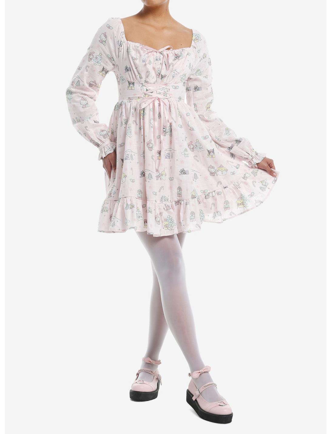 Hello Kitty And Friends Holiday Pink Lace-Up Long-Sleeve Dress Product Image