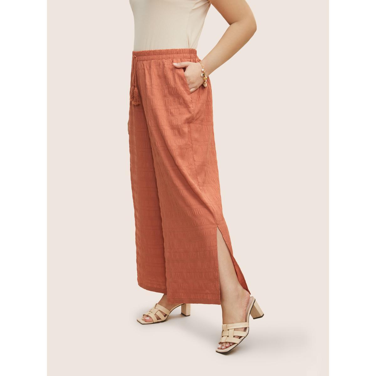 Plus Size Solid Texture Slit Hem Drawstring Pants Women Salmon Resort Wide Leg Mid Rise Vacation Pants BloomChic 22-24/3X Product Image