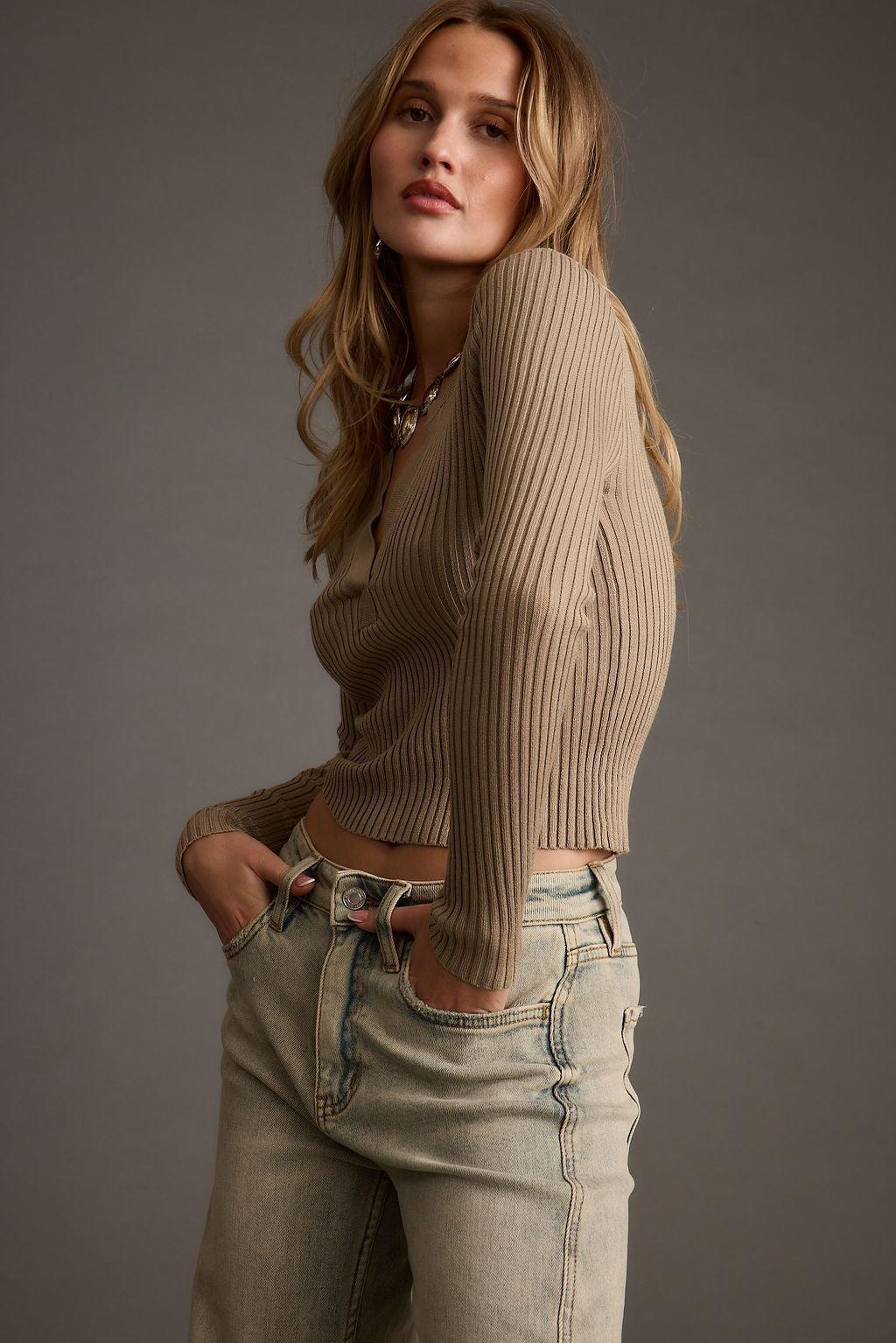 Aurora Taupe Long Sleeve Ribbed Knit Top Product Image