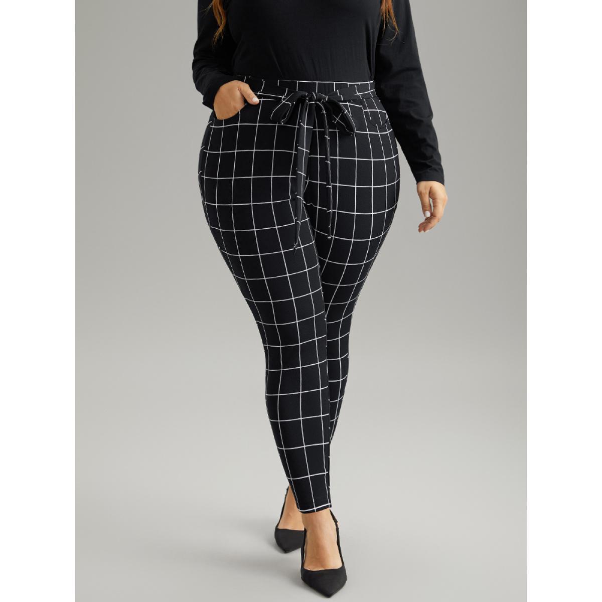 Plus Size Plaid Elastic Waist Ties Bodycon Pants Women Black Elegant Bodycon High Rise Dailywear Pants BloomChic 26/4X Product Image