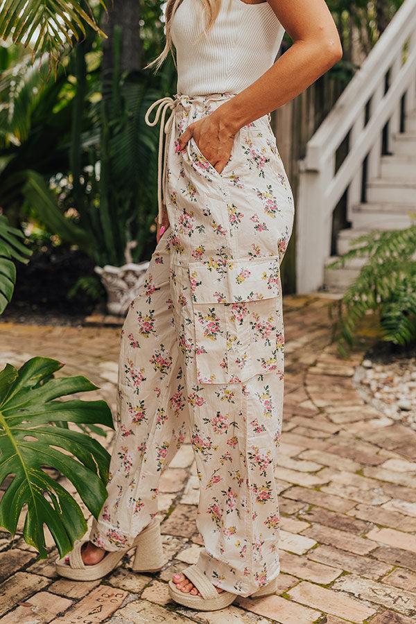 Free Spirit High Waist Floral Cargo Pants in Light Beige Product Image