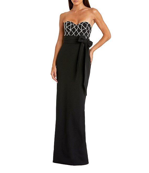 Mac Duggal Strapless Rhinestone Trim Bow Front Crepe Column Gown Product Image