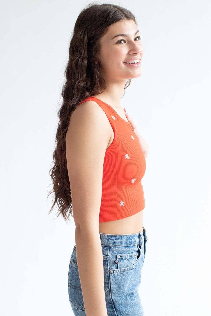 Red Embroidered Flower Seamless Notch Tank Product Image