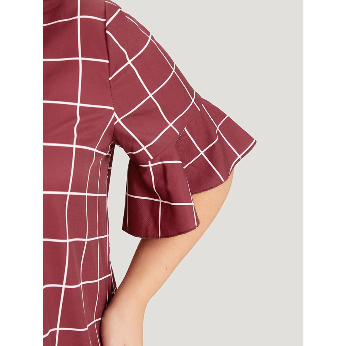 Plus Size Burgundy Plaid Frill Trim Bell Sleeve Flutter Hem Blouse Women Elegant Half Sleeve Round Neck Dailywear Blouses BloomChic 28/5X Product Image