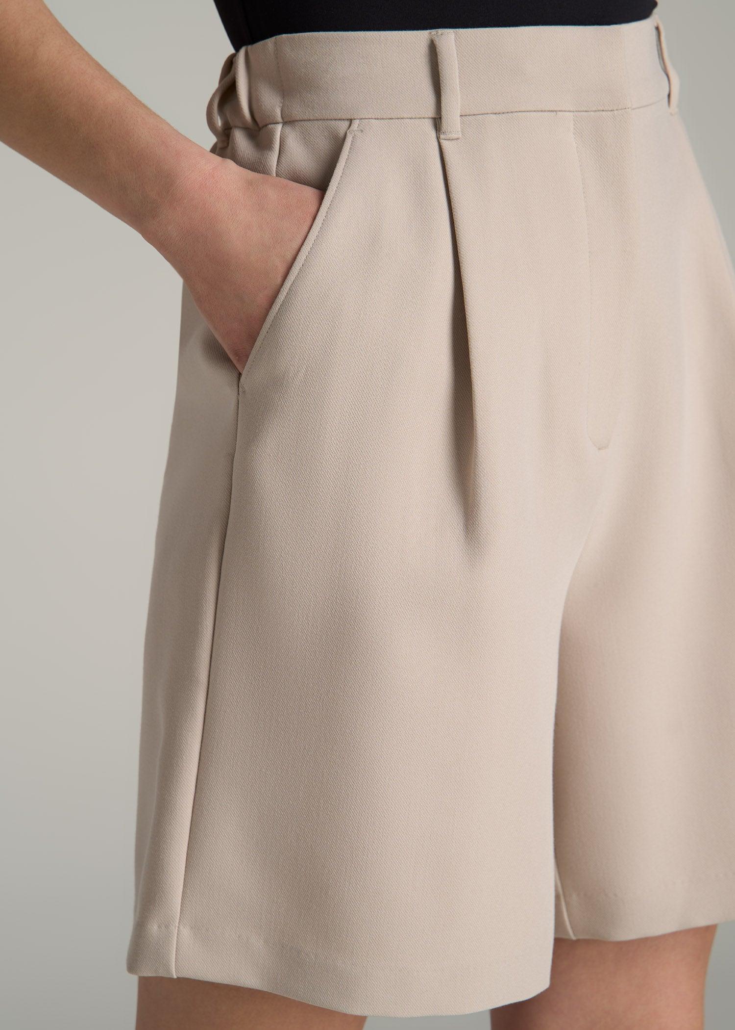 Pleated Tailored Shorts for Tall Women in Light Taupe Product Image