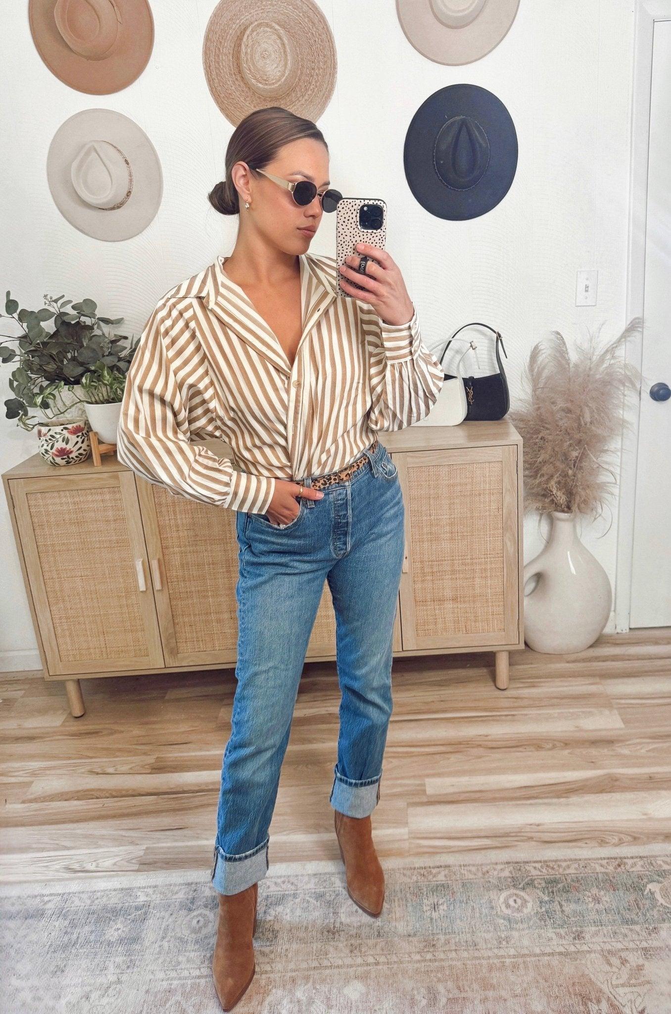 Muse By Magnolia Camel Striped Button Down Shirt - FINAL SALE Product Image