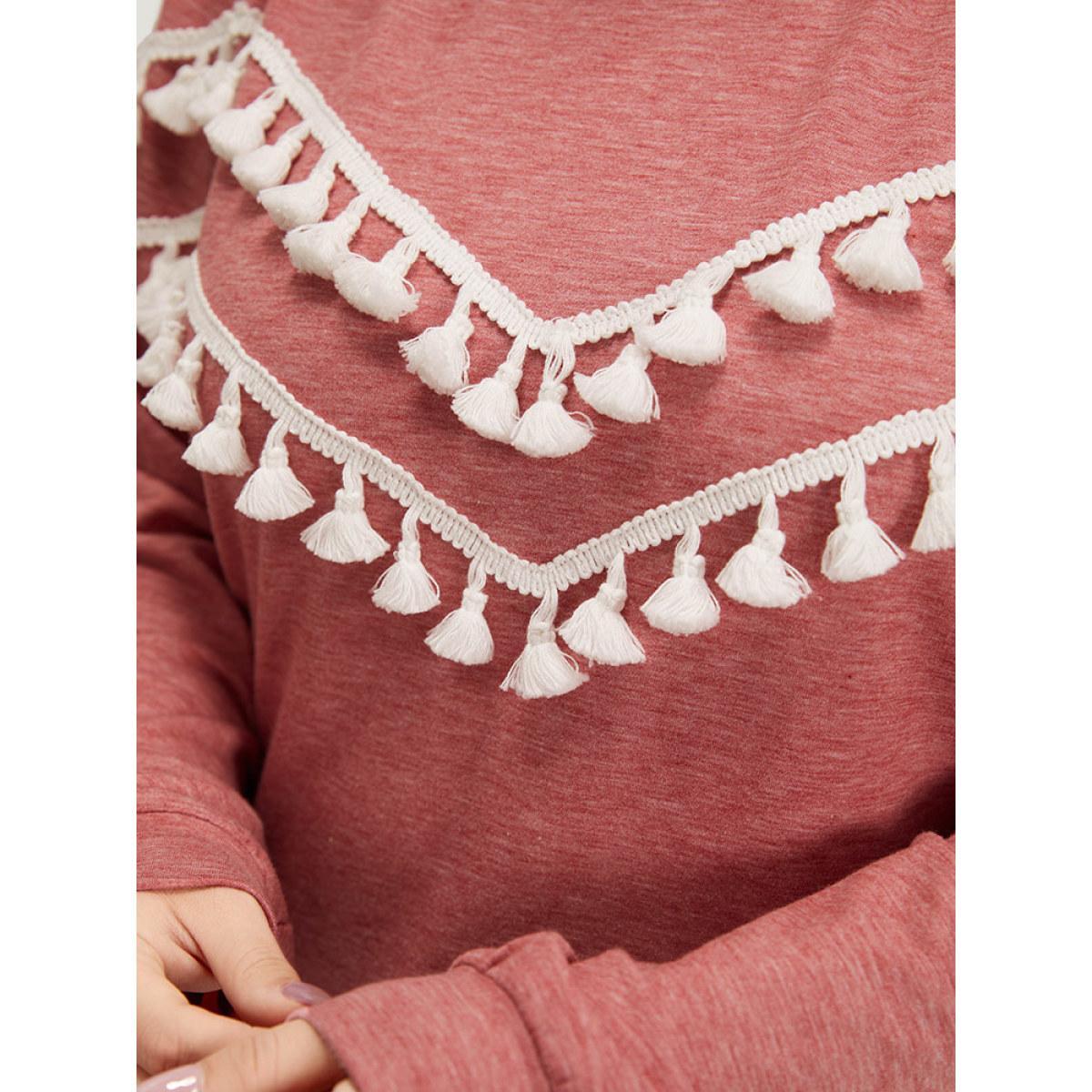 Plus Size plain Heather Crew Neck Tassel Trim Sweatshirt Women Russet Elegant Elastic cuffs Round Neck Dailywear Sweatshirts BloomChic 30/6X Product Image