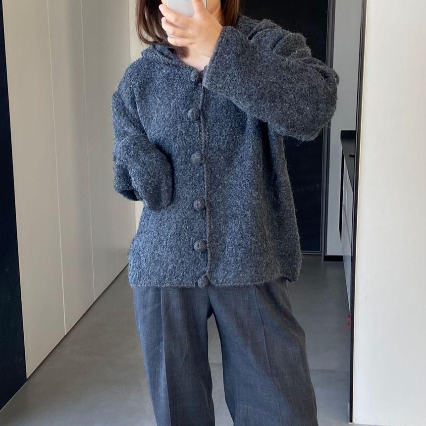Hooded Plain Fluffy Button Cardigan Product Image