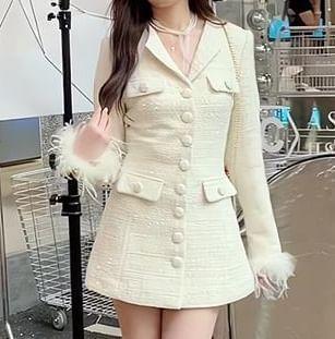 Long-Sleeve Button-Up Plain Mini Blazer Dress Product Image