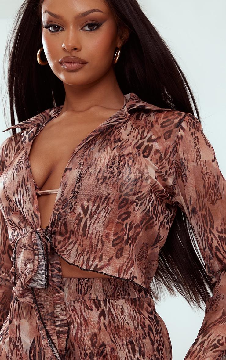 Brown Abstract Print Plunge Tie Front Long Sleeve Shirt Product Image