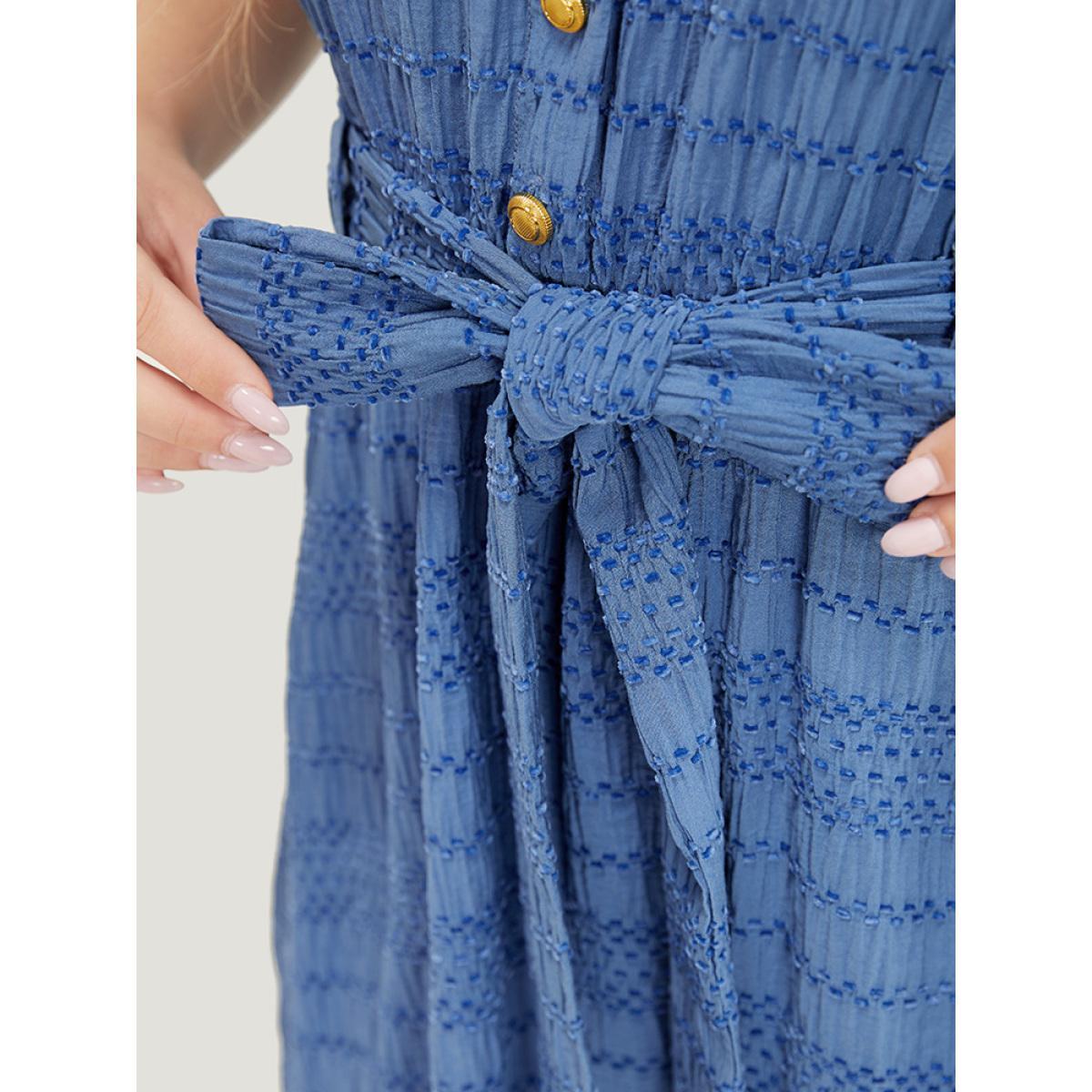 Plus Size Solid Textured Pocket Roll Batwing Sleeve Button Up Knee Dress Stone Women Office Cross straps V-neck Short sleeve Curvy Knee Dress BloomChic 22-24/3X Product Image
