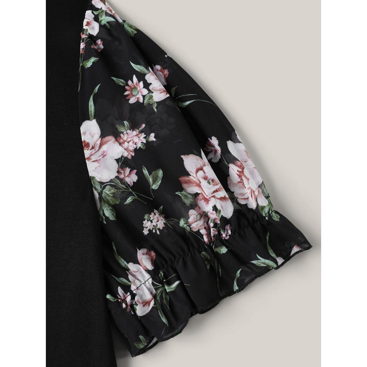 Plus Size Printed Puff Sleeve Crew Neck T-Shirt Black Women Elegant Gathered Natural Flowers Round Neck Everyday T-shirts BloomChic 22-24/3X Product Image