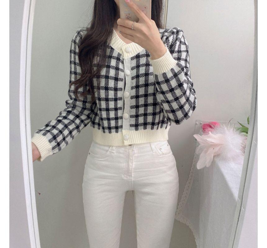Crew Neck Plaid Cardigan Product Image