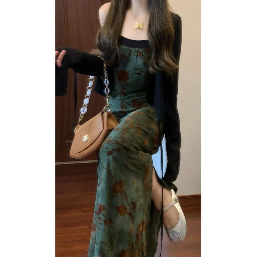 Set: Spaghetti Strap Floral Bead Velvet Midi A-Line Dress + Plain Cardigan Product Image