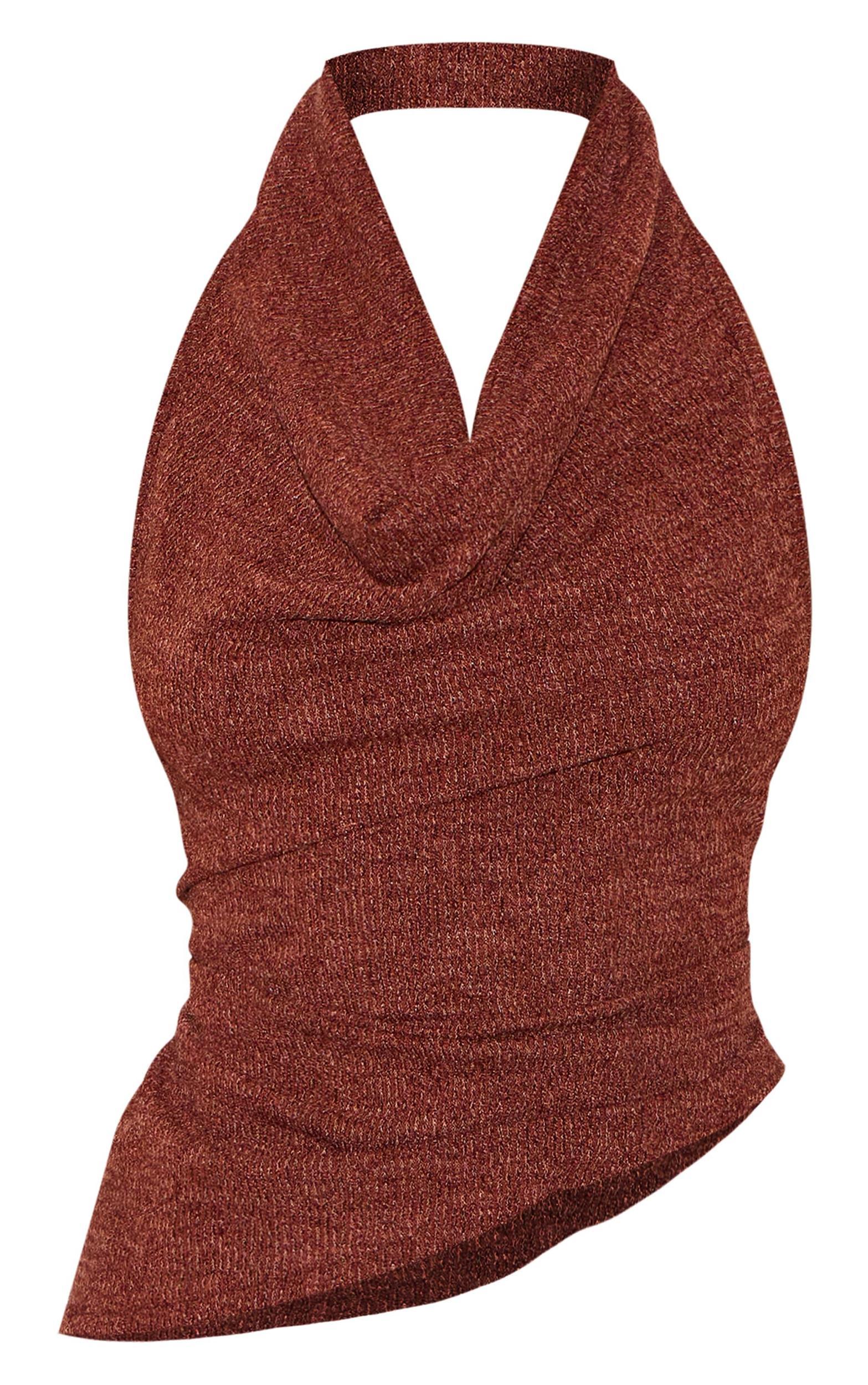 Brown Textured Cowl Neck Backless Long Top Product Image