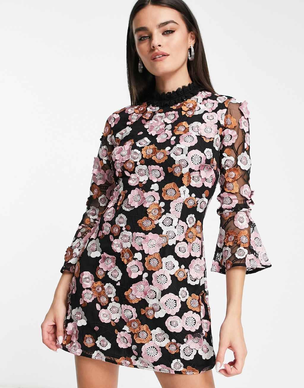 French Connection embellished 3D floral mini dress-Multi Product Image