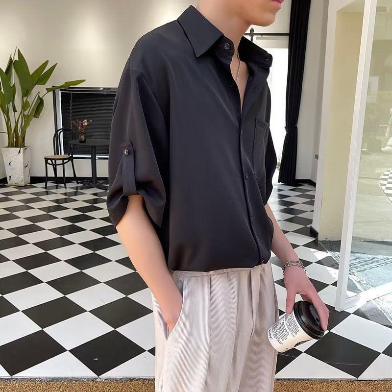 Short Sleeve Lapel Collared Plain Oversized Button Up Shirt Product Image