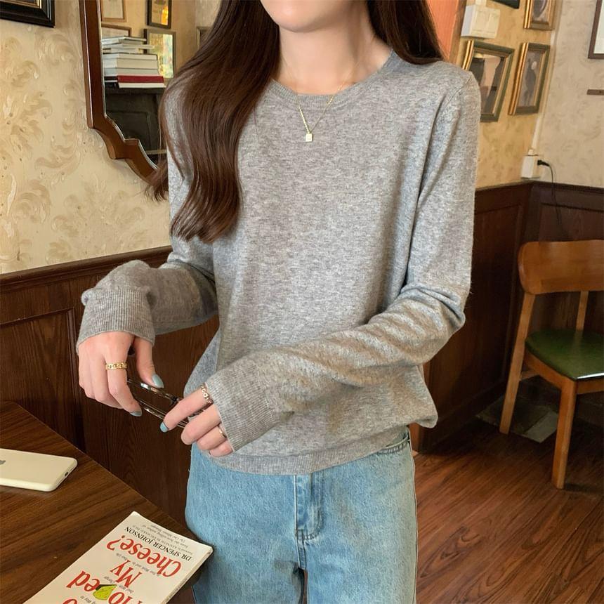Long-Sleeve Crewneck Plain Knit Top Product Image