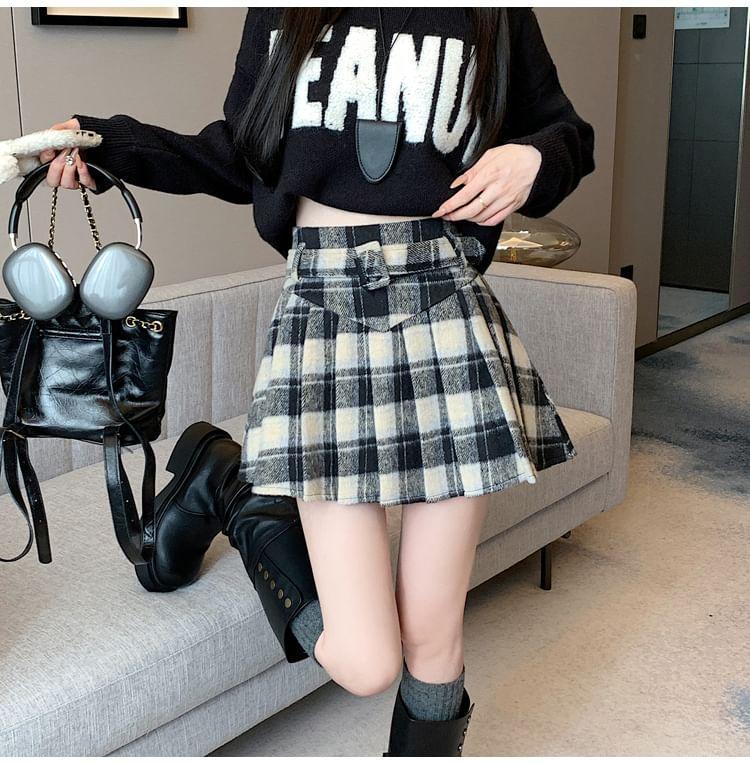 High Rise Plaid Mini Pleated A-Line Skirt Product Image